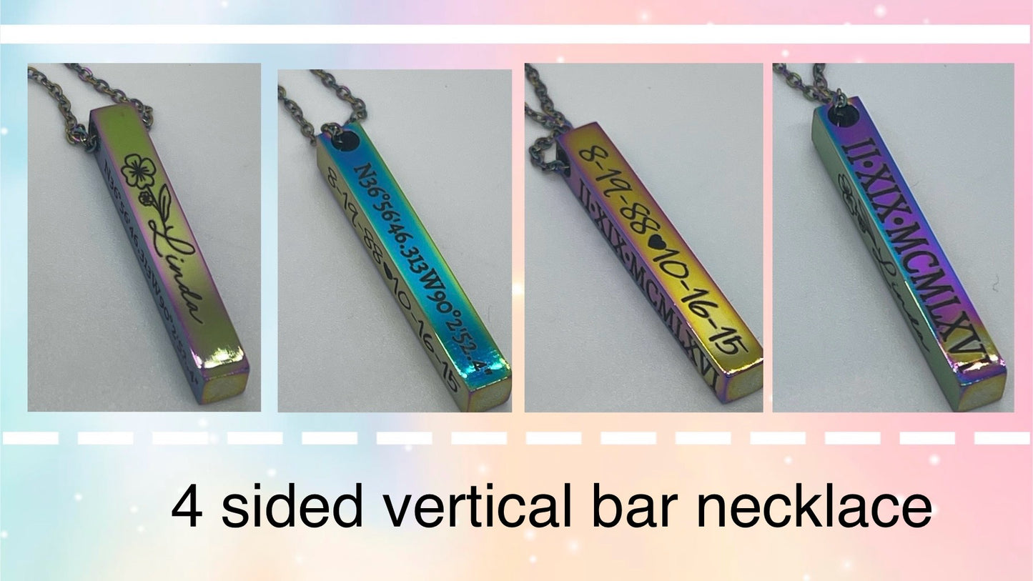 Personalized engraved 4 sided vertical bar necklace